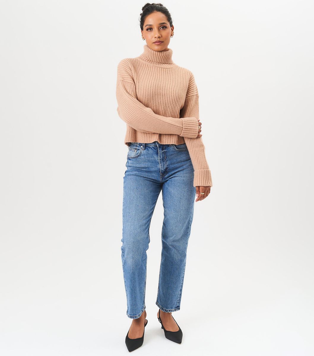 Grobstrick-Crop-Pullover mit Rollkragen