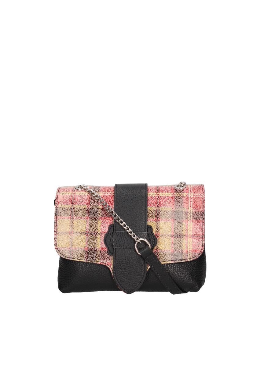 Leder-Schultertasche mit Karomuster-Überschlag
