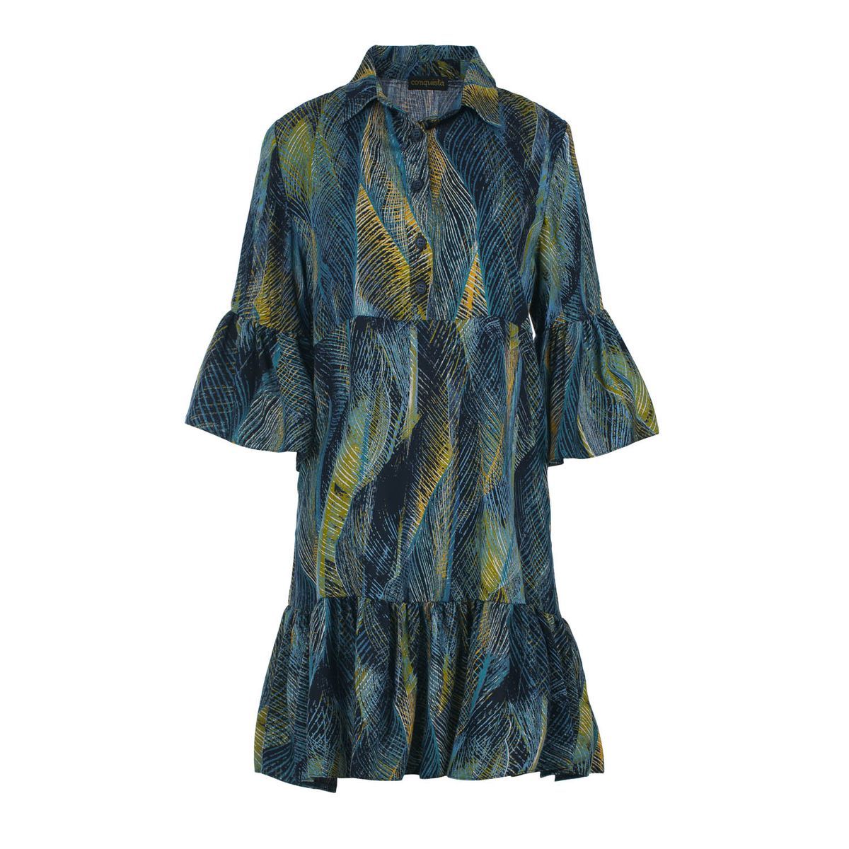 Hemdblusenkleid mit Federprint und Glockenärmeln