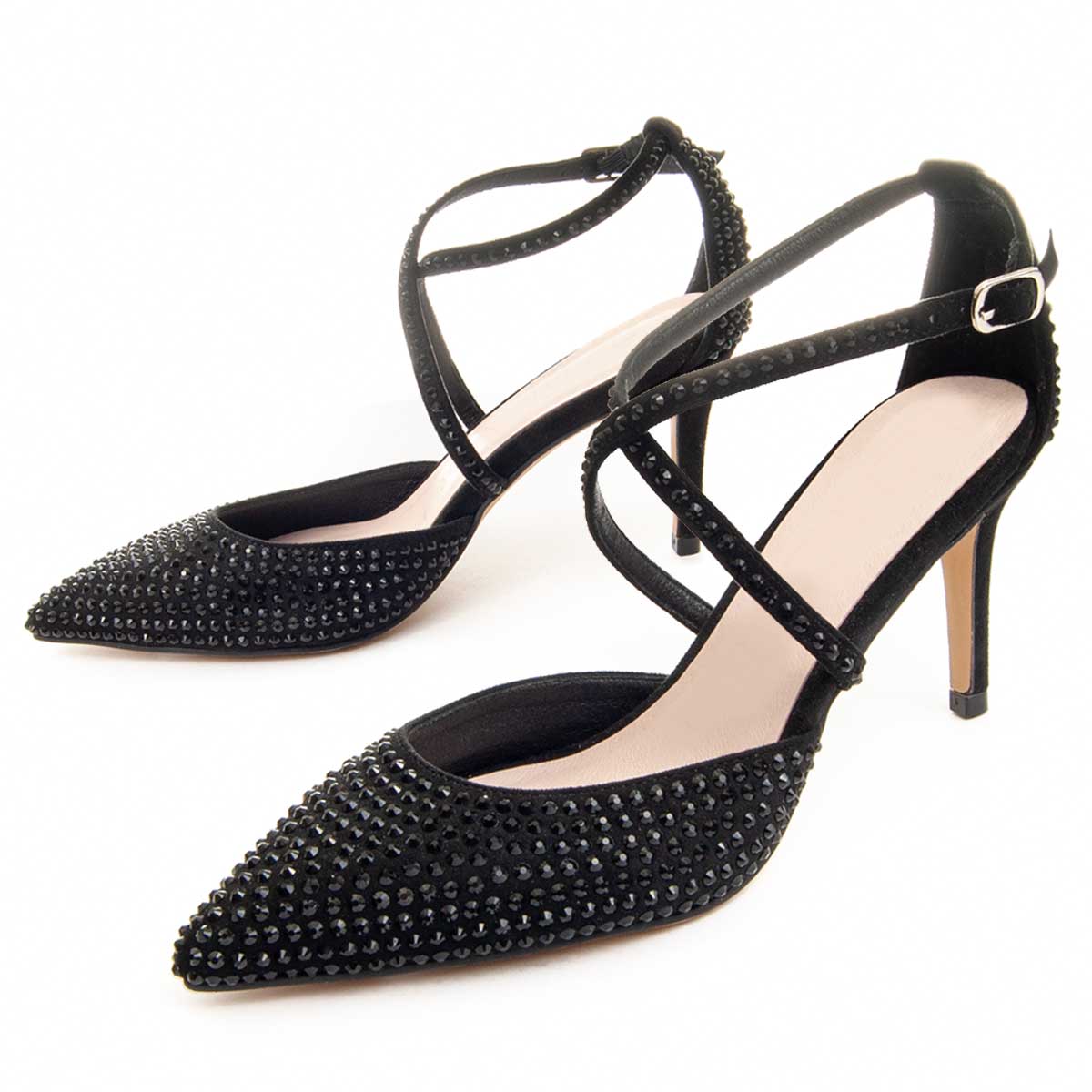 Pumps mit Strassbesatz und Kreuzriemen
