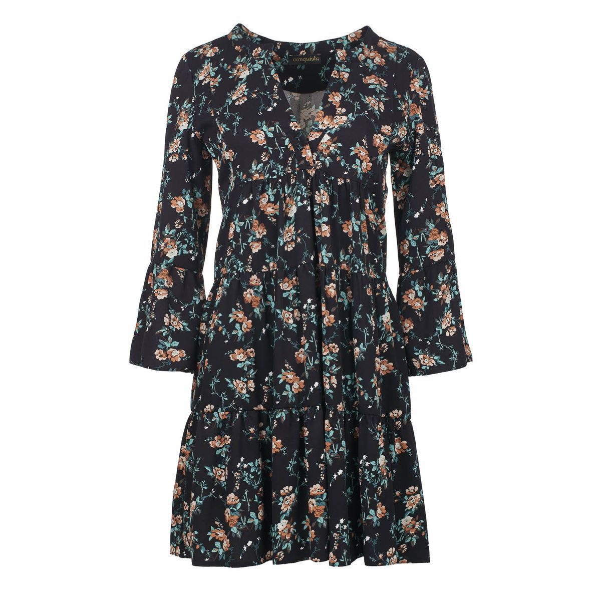 Gestuftes Mini-Blumenkleid mit Glockenärmeln