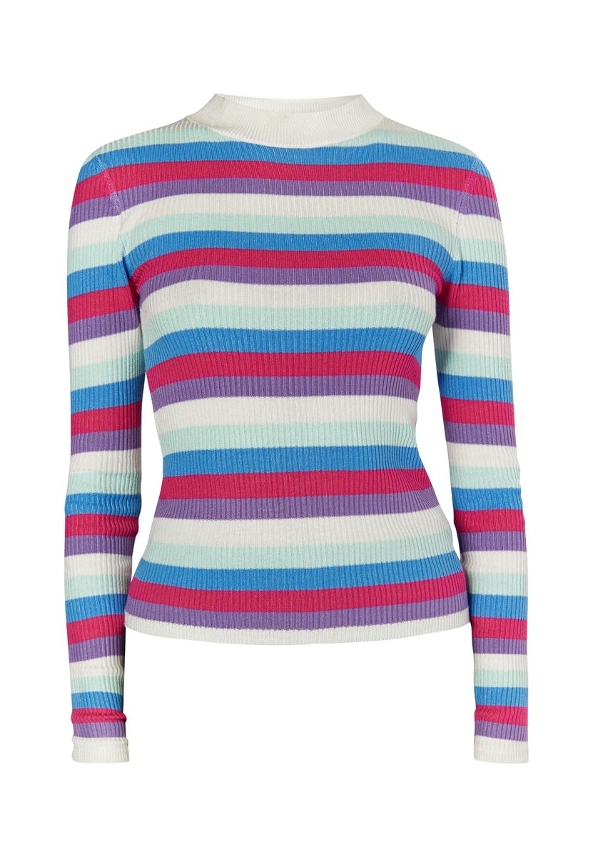 Bunter gestreifter Rippstrickpullover mit Stehkragen