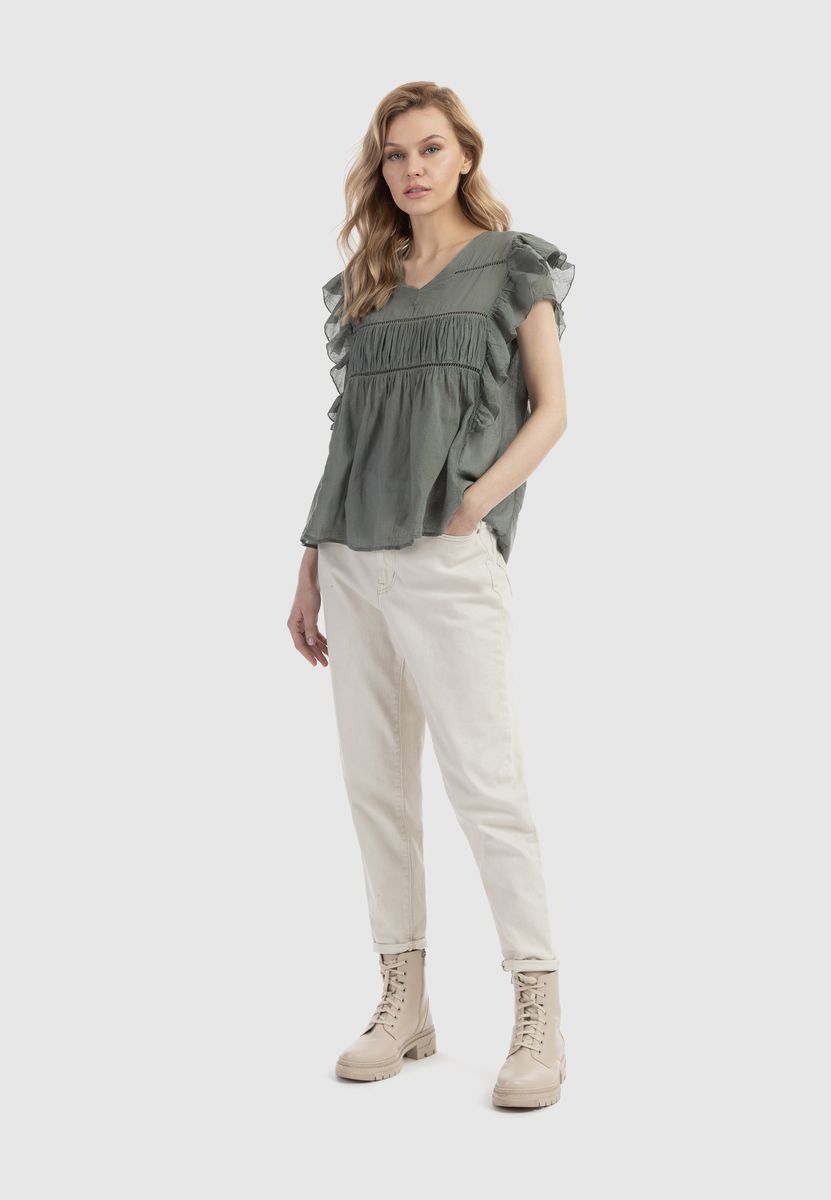 Baumwollbluse mit Rüschen und Lochstickerei