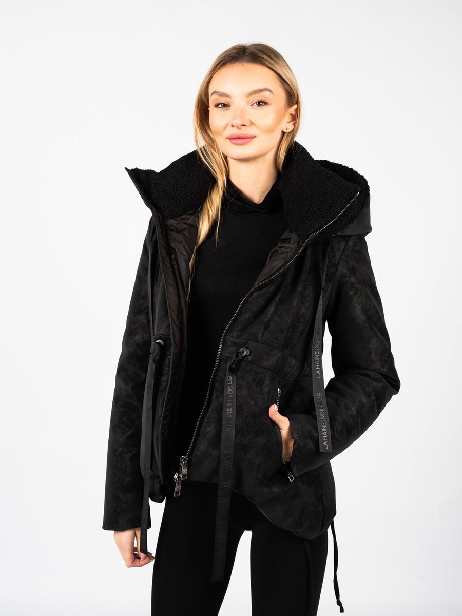 Asymmetrische Kunstwildlederjacke mit Kapuze