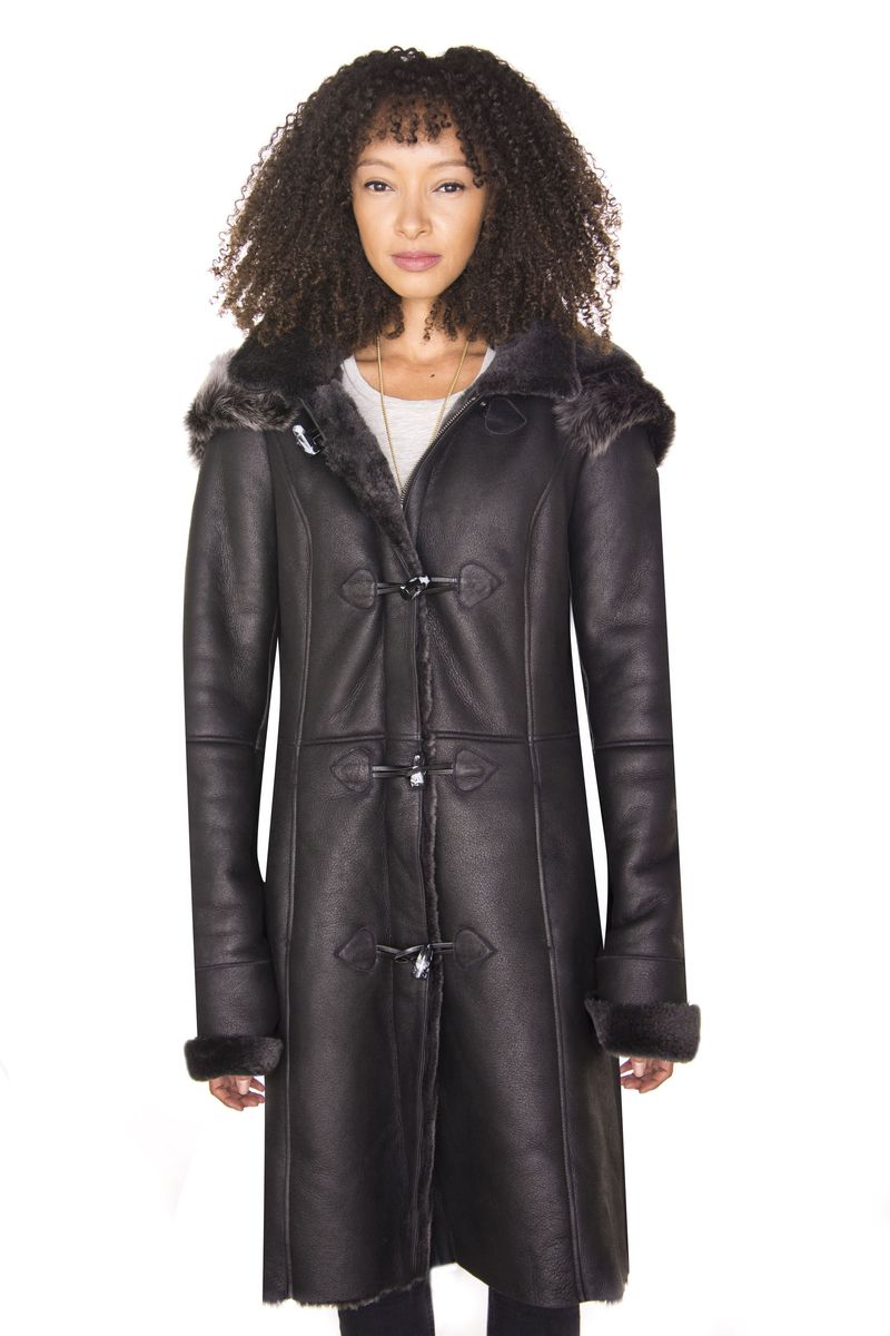 Lammfell-Dufflecoat mit Kapuze