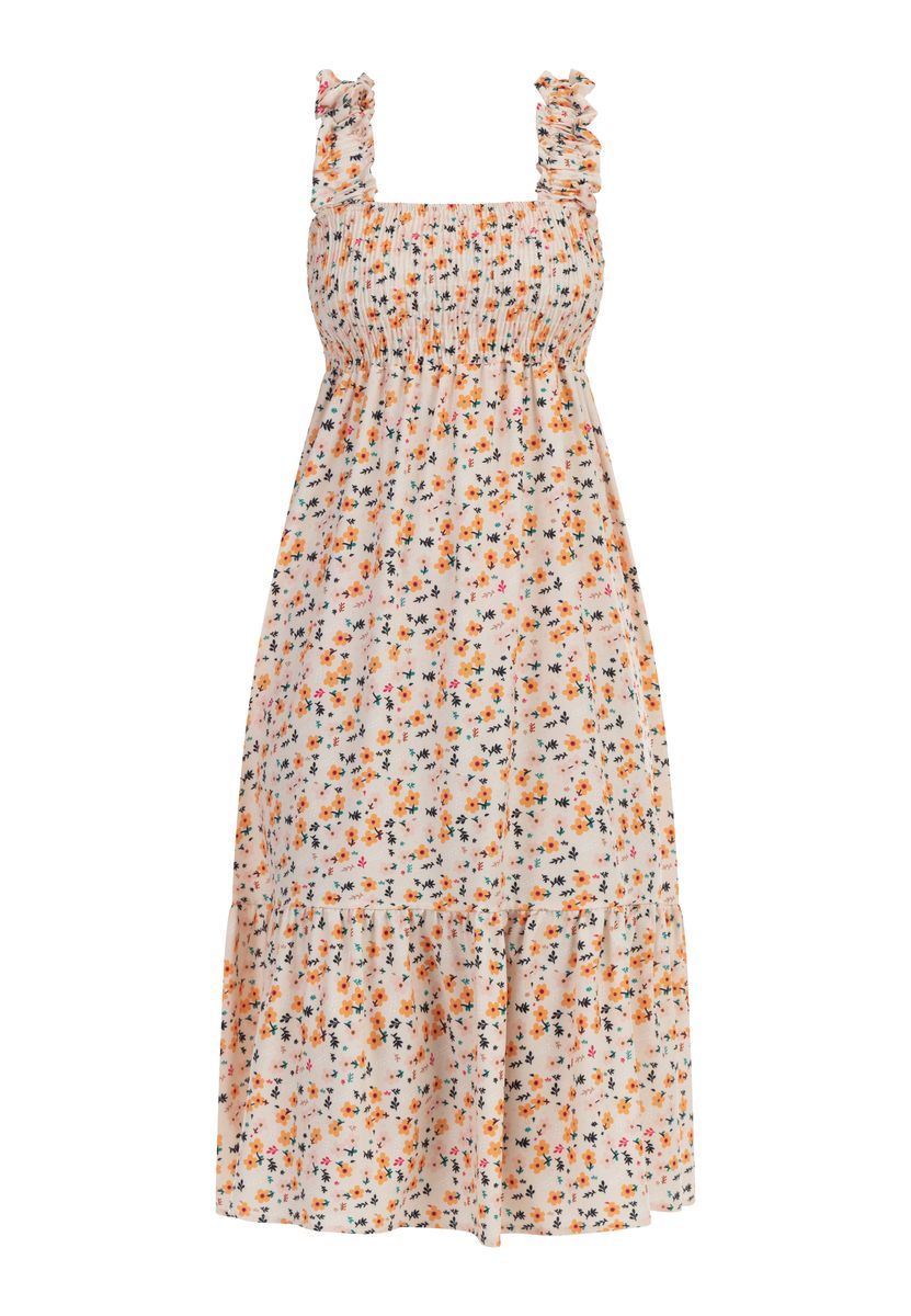 Geblümtes Midikleid mit Smock-Oberteil