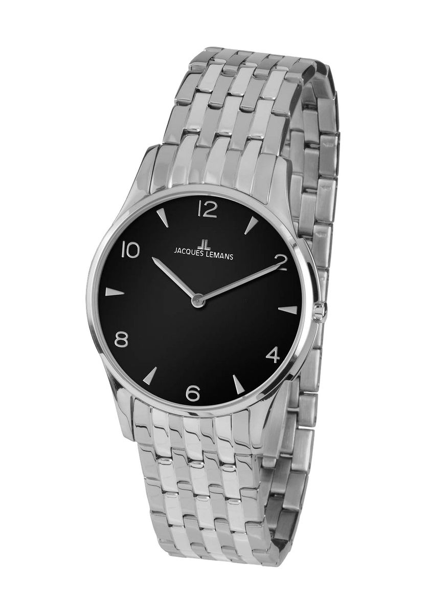 Minimalistische silberne Armbanduhr mit schwarzem Zifferblatt