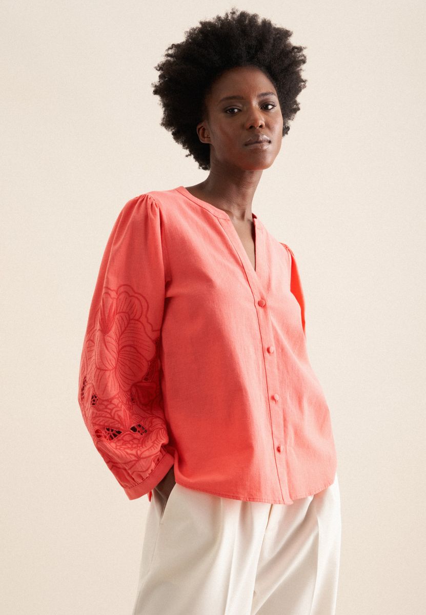 Bestickte Baumwoll-Leinen Tunika-Bluse