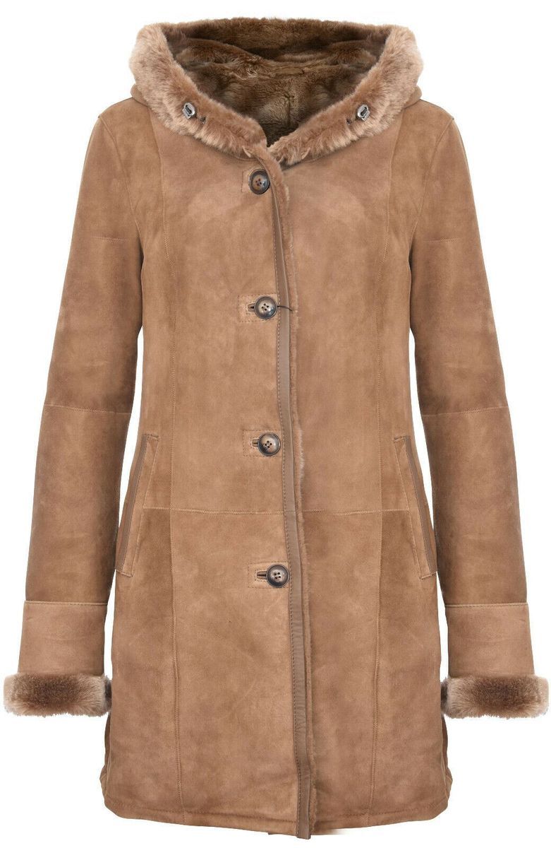 Wildleder-Parka mit Schafsfell-Kapuze