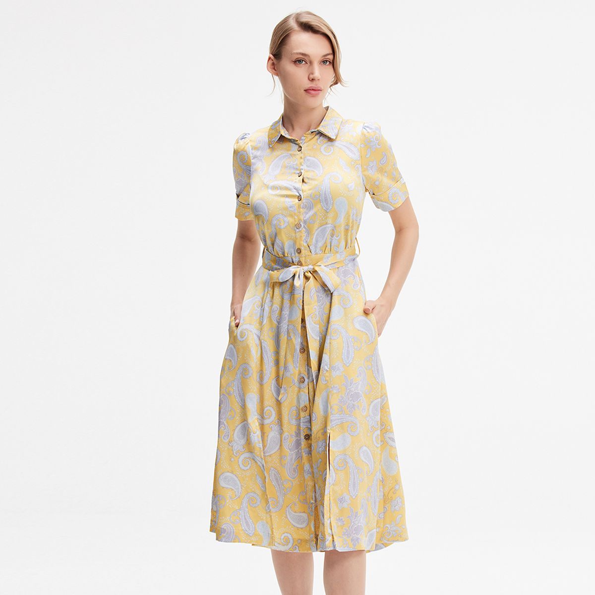 Elegantes Satin-Hemdblusenkleid mit Paisley-Muster