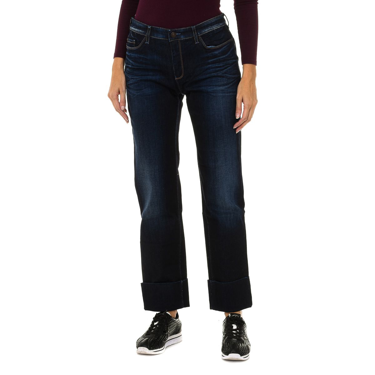 Dunkle Straight Jeans mit Umschlag