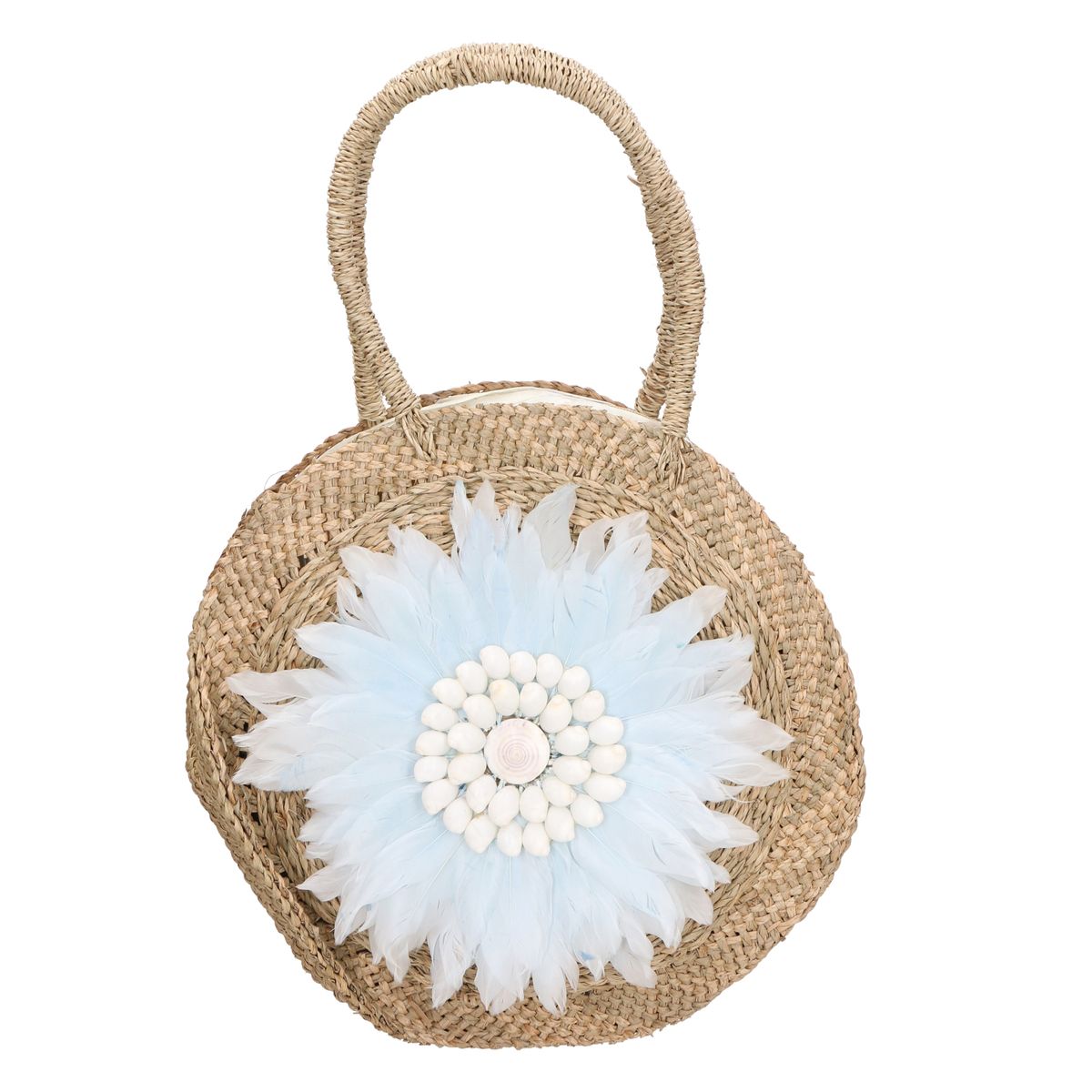 Runde Strohtasche mit Federblume