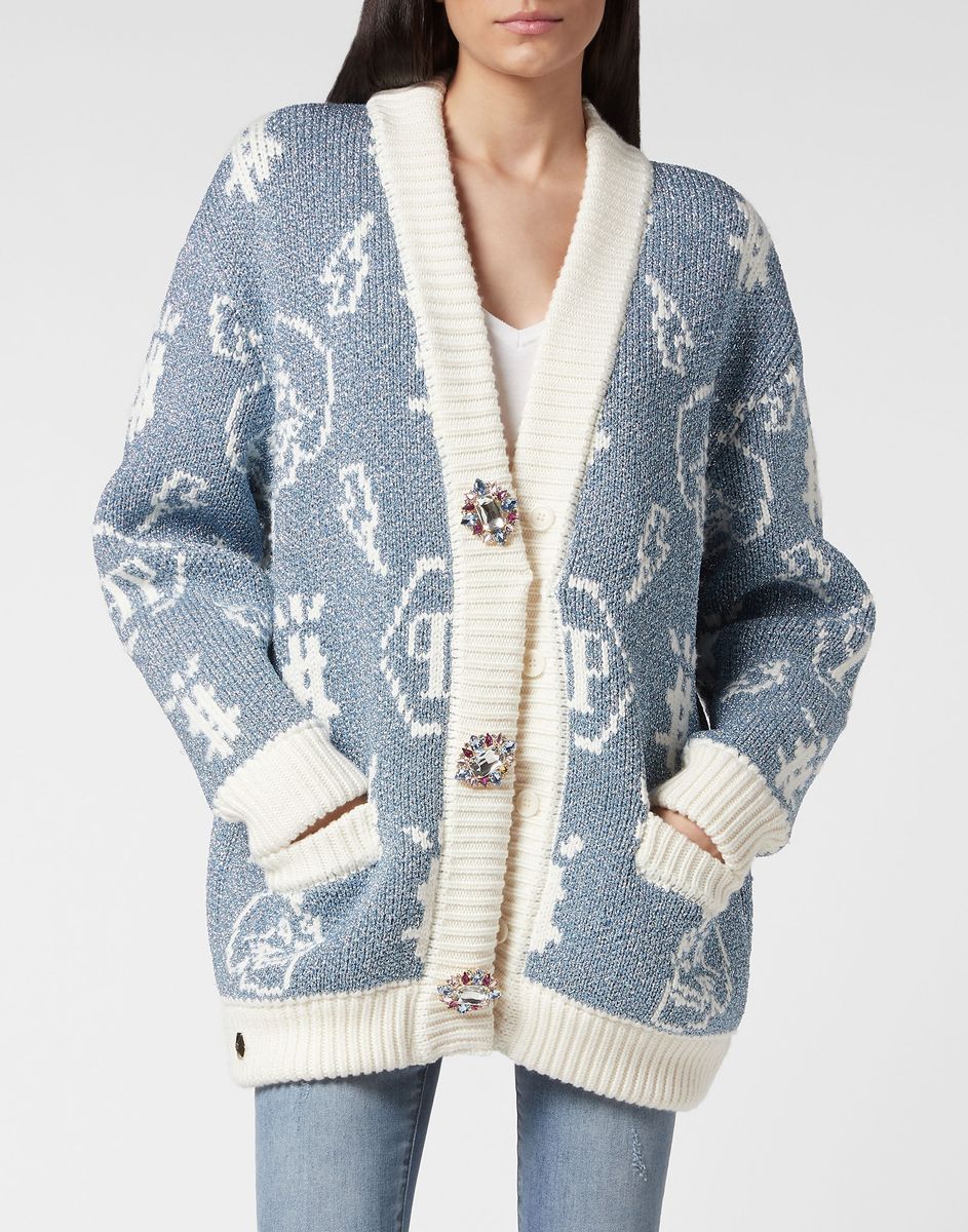 Monogramm-Jacquard-Strickjacke mit Kristallknöpfen