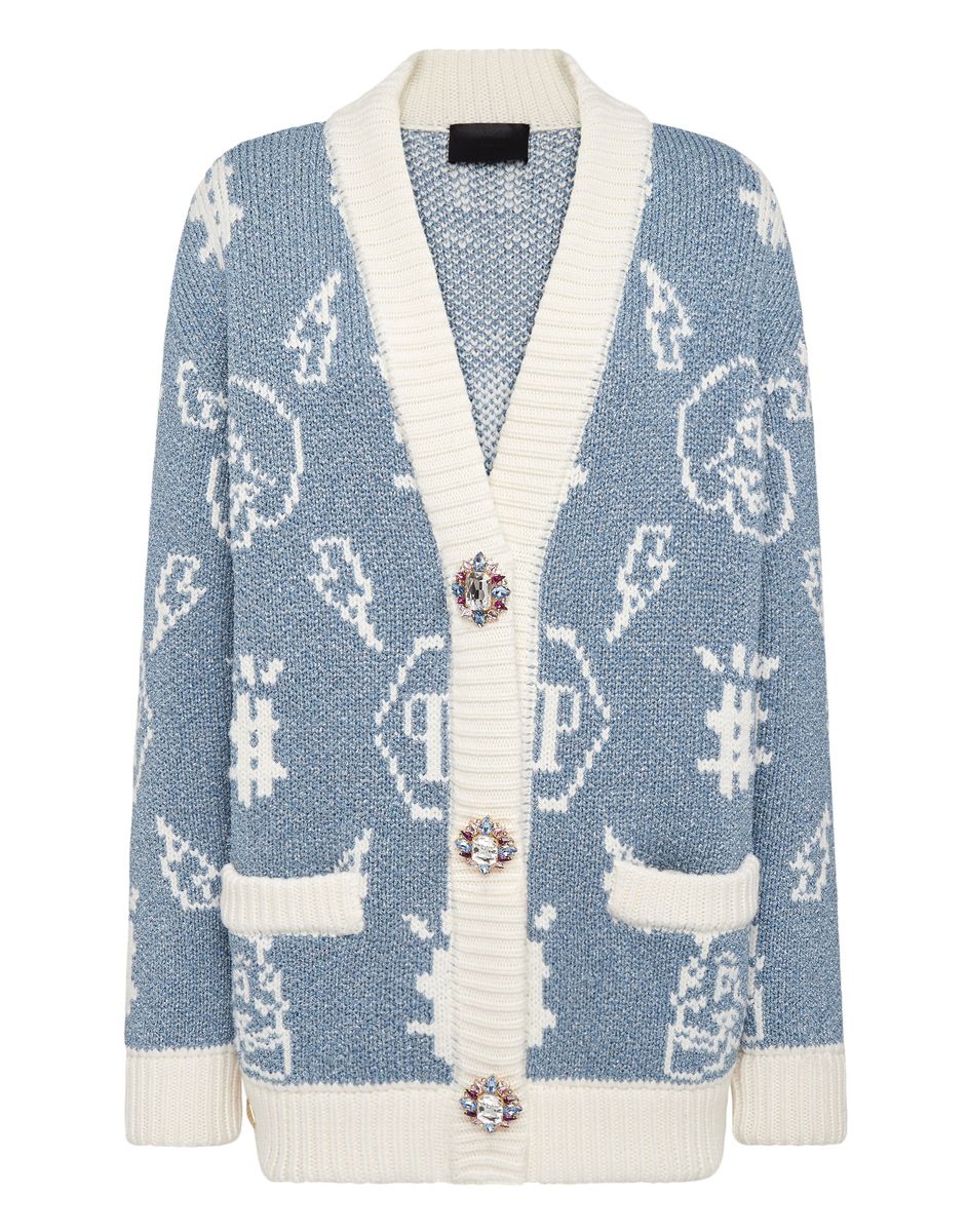 Monogramm-Jacquard-Strickjacke mit Kristallknöpfen