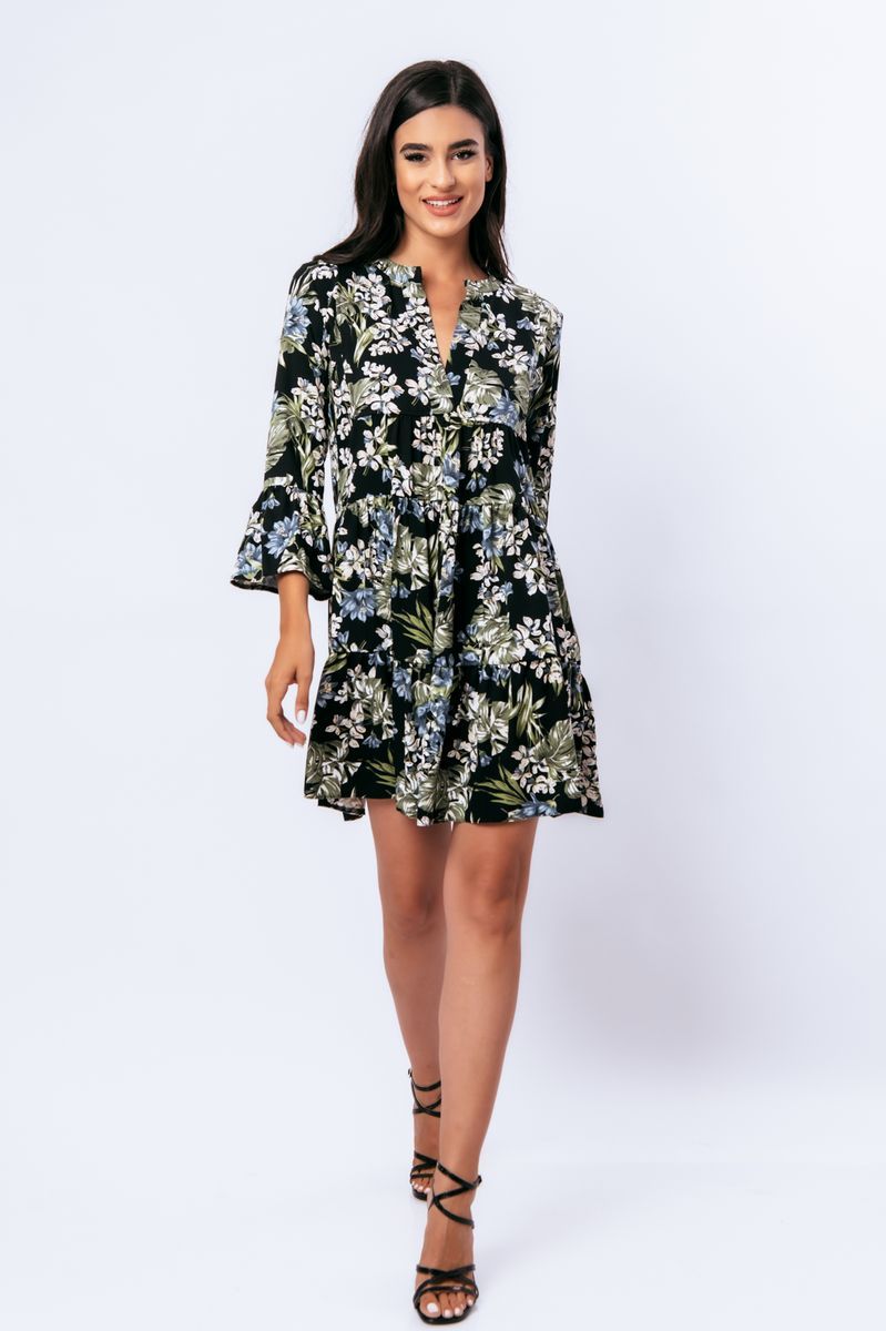 Geblümtes A-Linien-Kleid mit Glockenärmeln