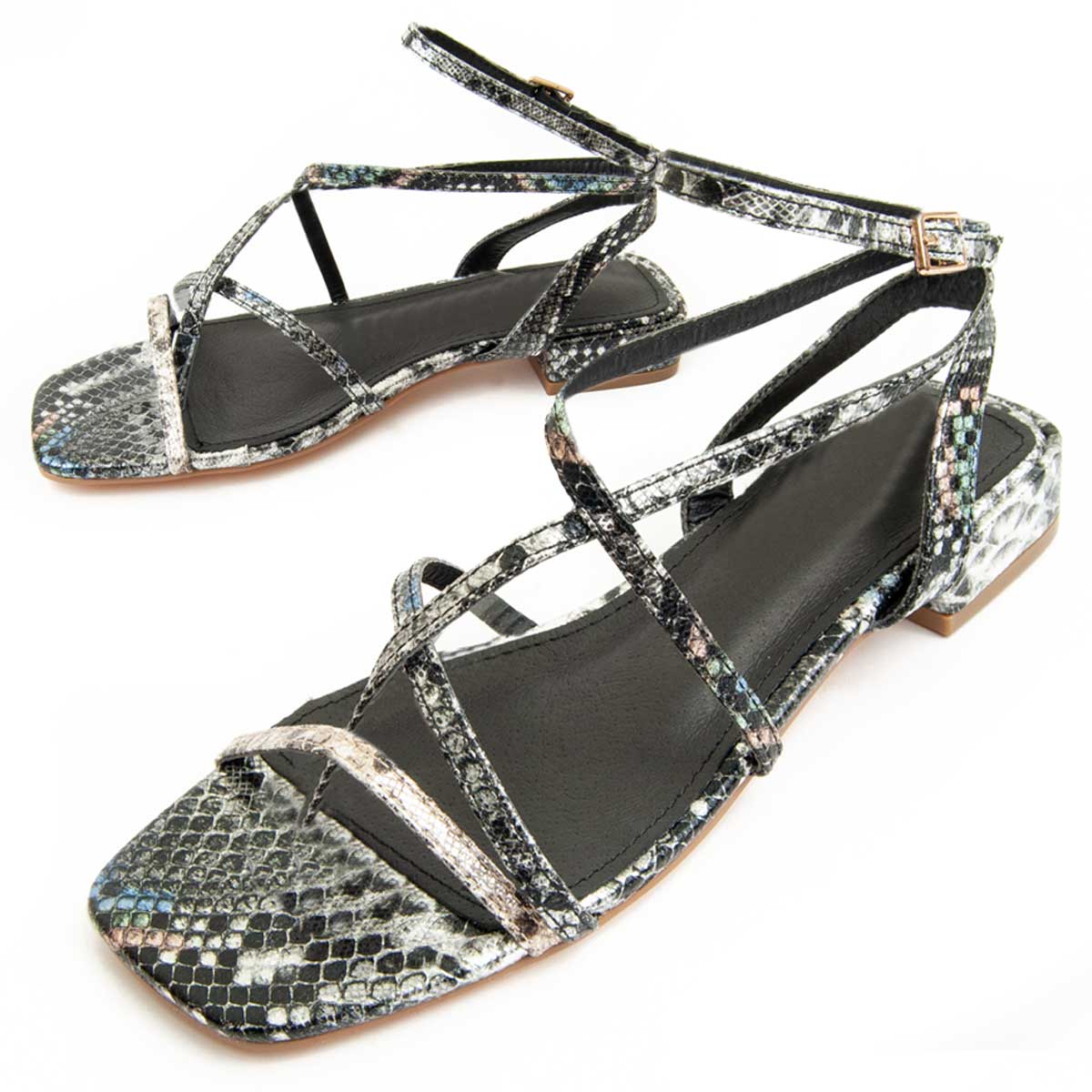 Riemchen-Sandalen mit Schlangenprint und Blockabsatz
