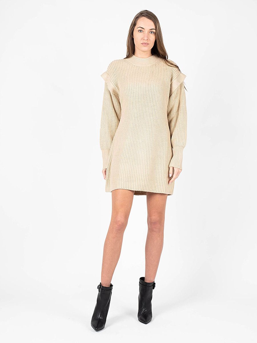 Geripptes Strickkleid mit Rüschenschulter