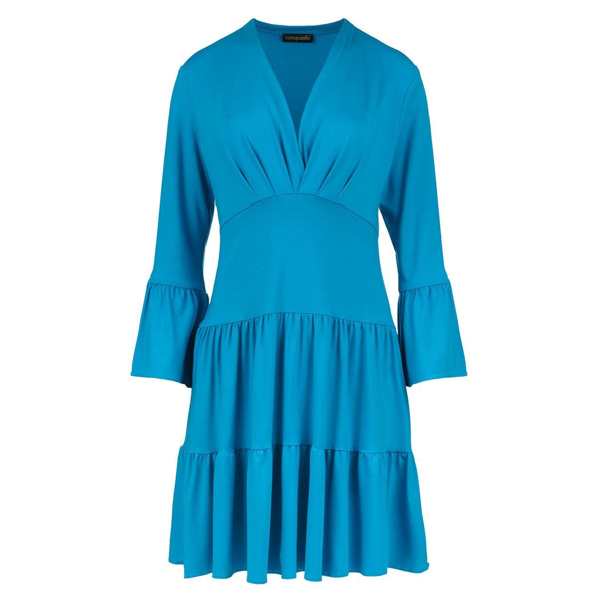 Gestuftes V-Ausschnitt-Kleid mit Glockenärmeln