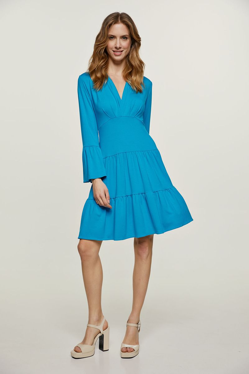 Gestuftes V-Ausschnitt-Kleid mit Glockenärmeln