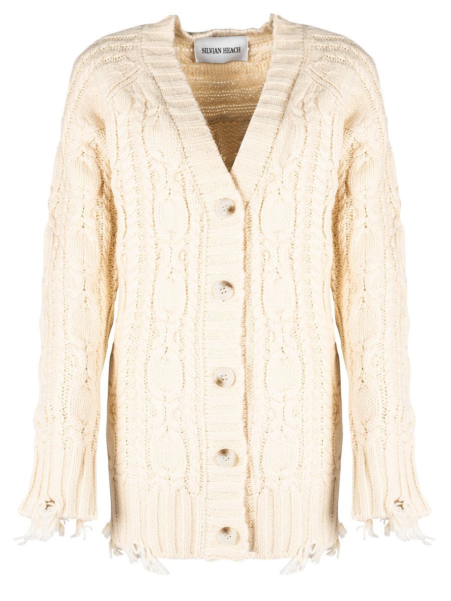 Strickjacke mit Zopfmuster und Fransen
