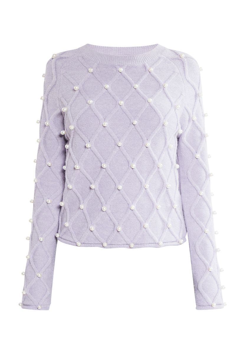 Perlenbesetzter Strickpullover mit Rautenmuster