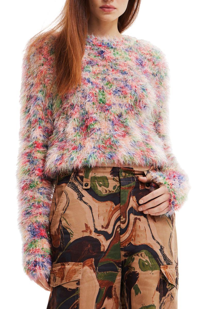 Bunter flauschiger Rundhals-Strickpullover