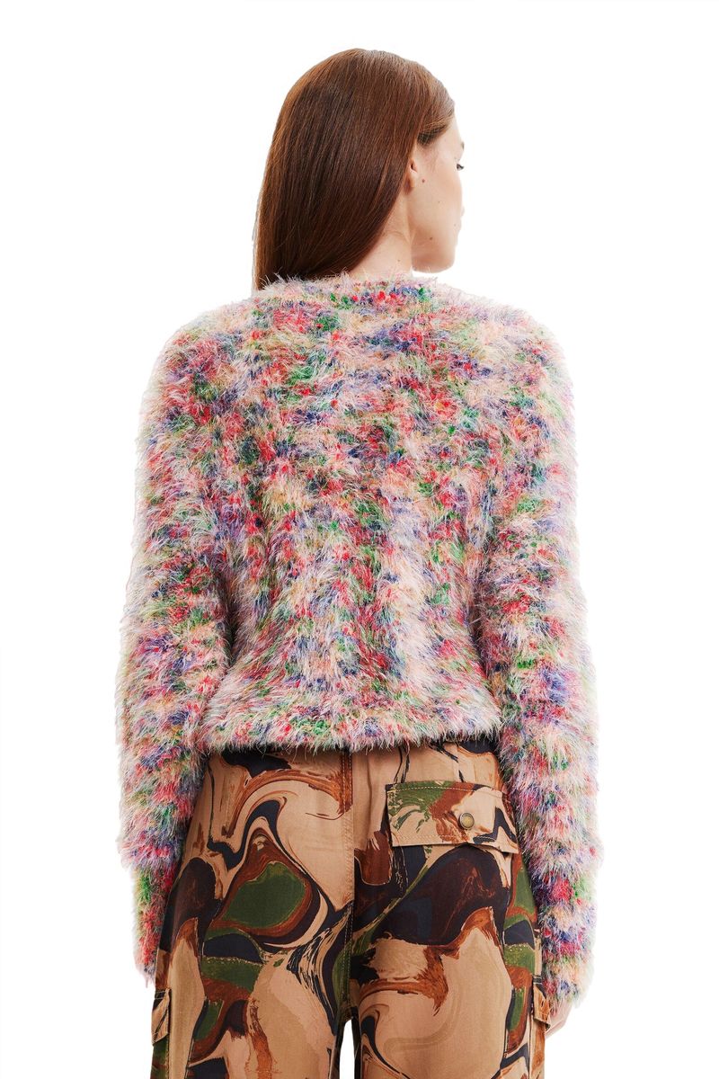 Bunter flauschiger Rundhals-Strickpullover