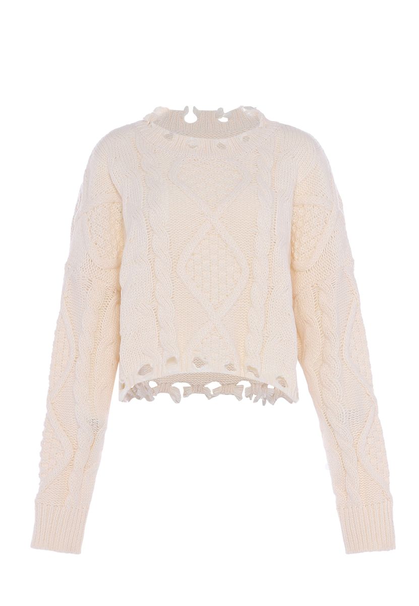Distressed Zopfstrick-Crop-Pullover