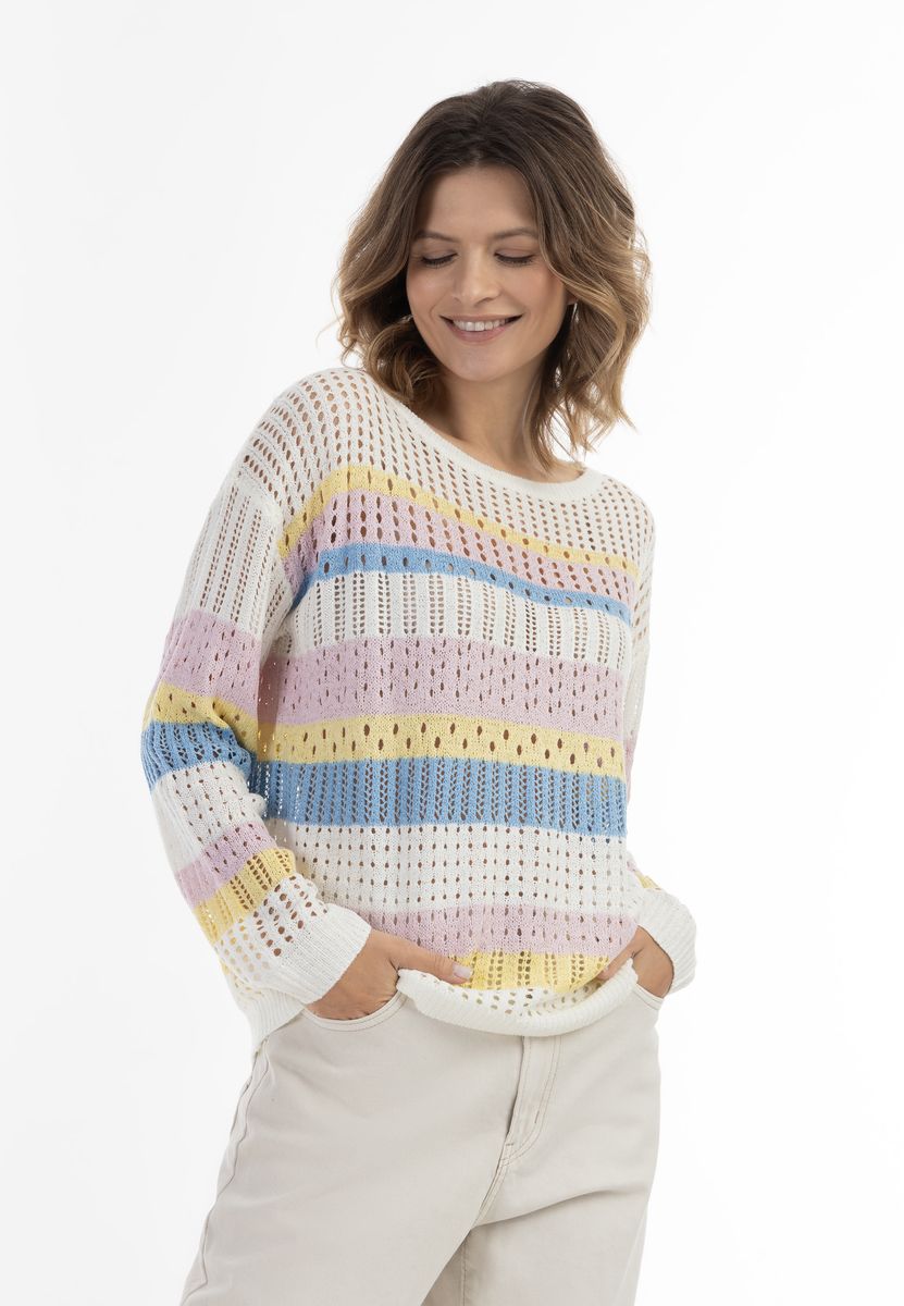 Gestreifter Grobstrickpullover in Pastelltönen