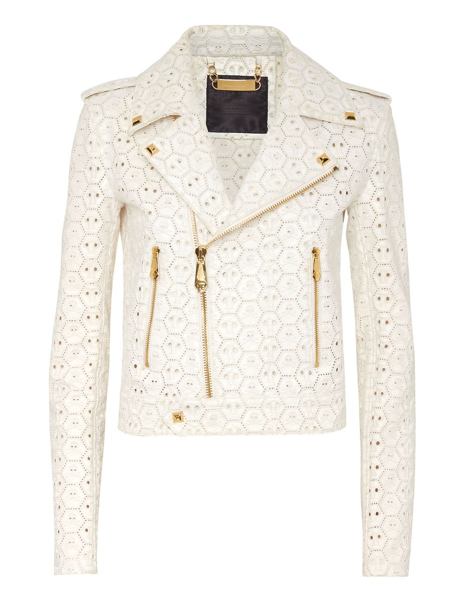 Bikerjacke mit Broderie Anglaise und Nieten