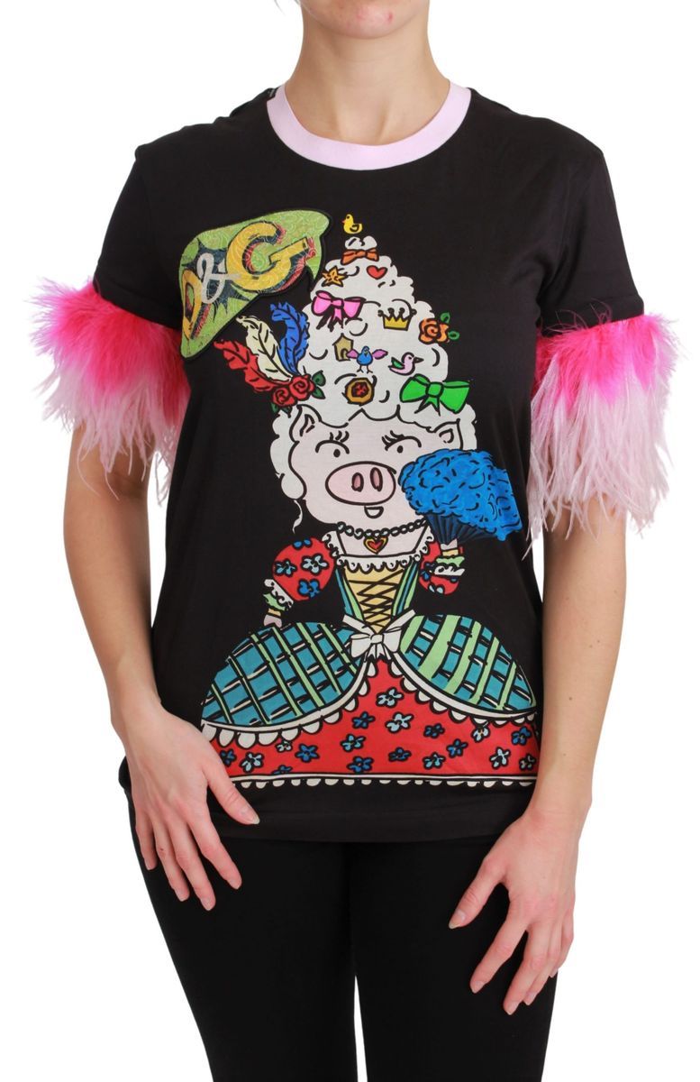Grafik-T-Shirt mit Federbesatz und Schweinchen