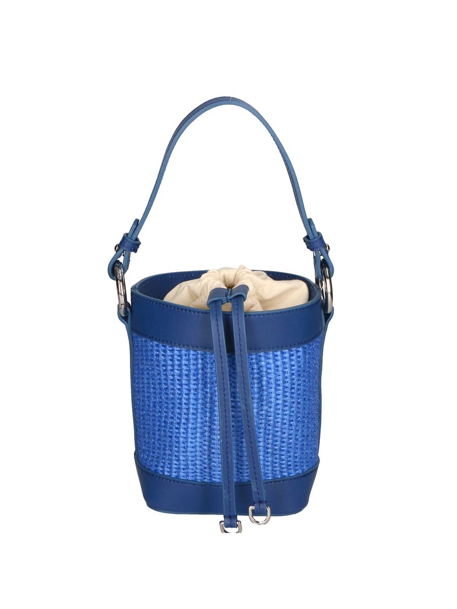 Geflochtene Eimertasche aus Leder und Stroh