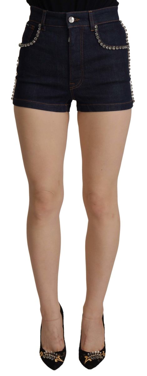 High-Waist Denim-Shorts mit Kristallverzierung