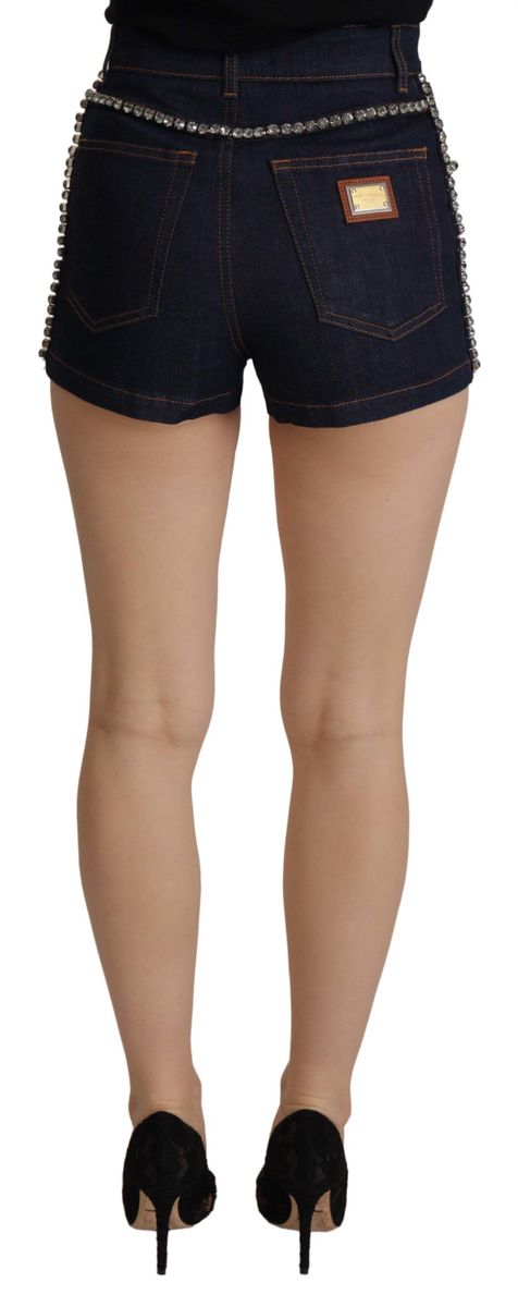 High-Waist Denim-Shorts mit Kristallverzierung
