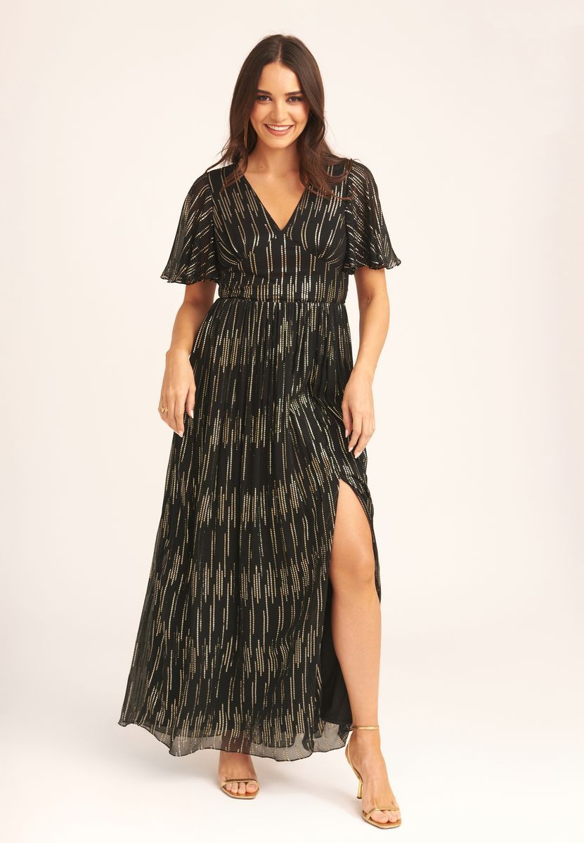 Gestreiftes Folien-Maxikleid mit Engelsärmeln