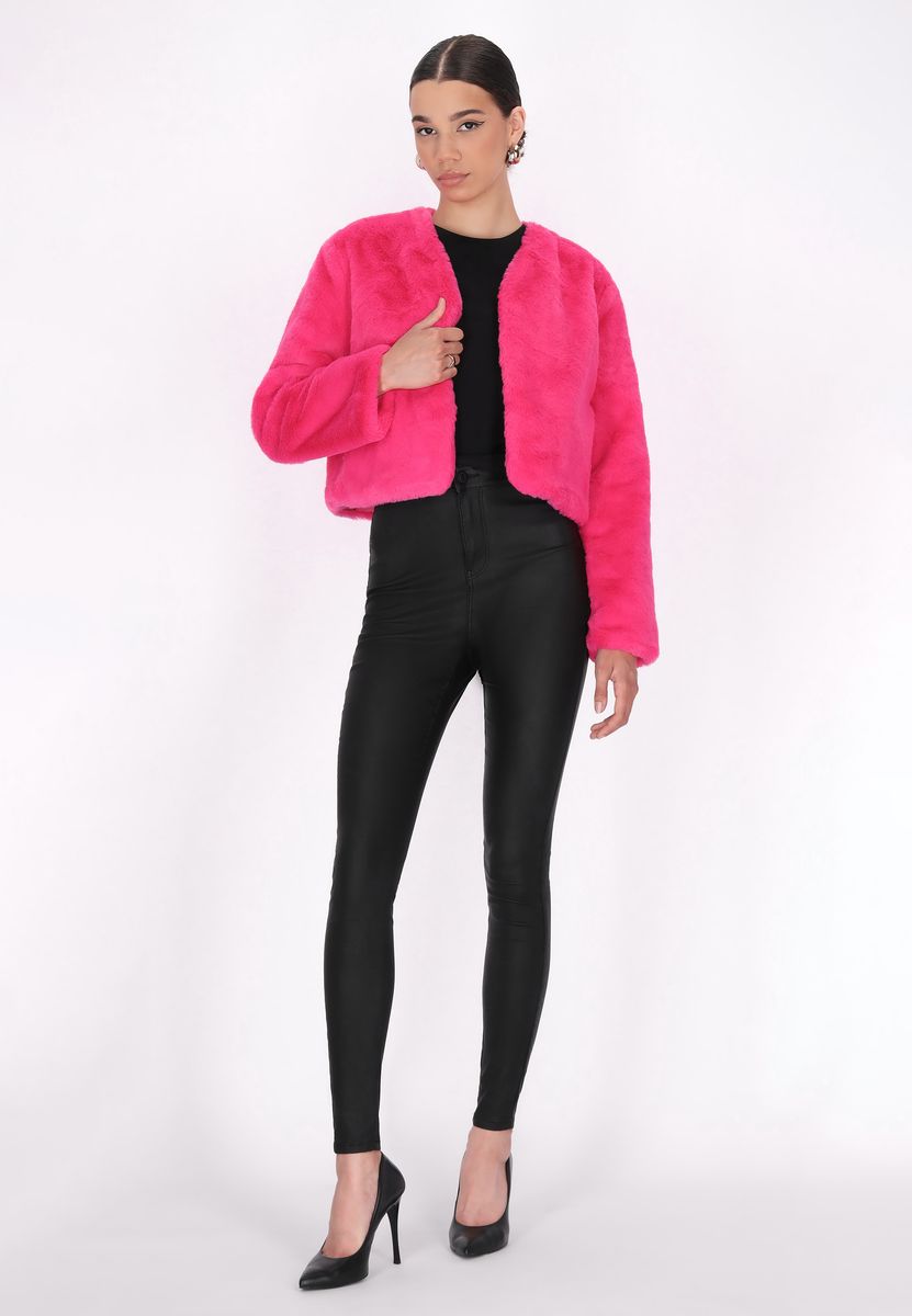 Kurze Kunstpelzjacke mit V-Ausschnitt