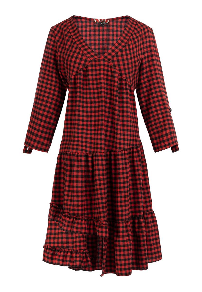 Asymmetrisches kariertes Midikleid mit Stufen