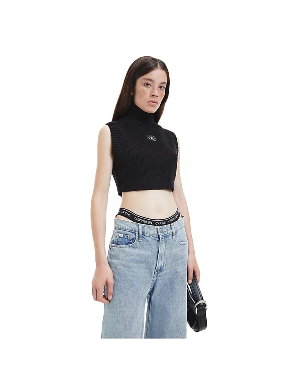 Ärmelloses Rollkragen-Crop-Top aus Rippstrick