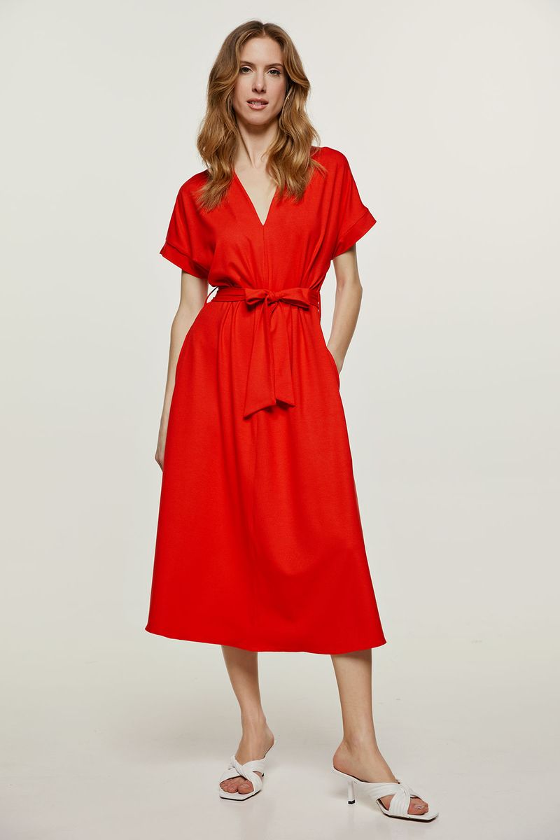 Jersey-Midikleid mit Gürtel in A-Linie