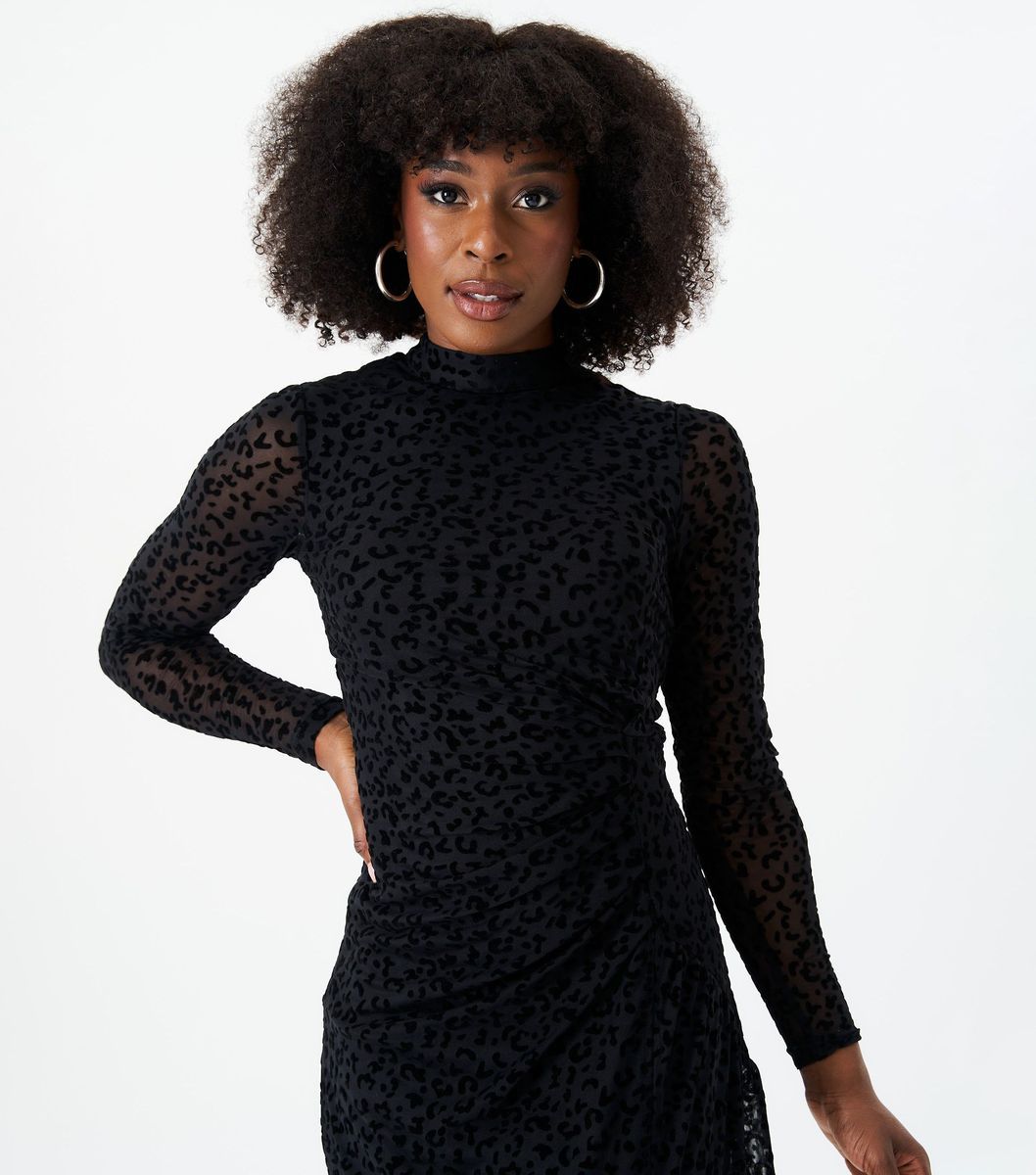 Hochgeschlossenes Animal-Devoré-Midikleid