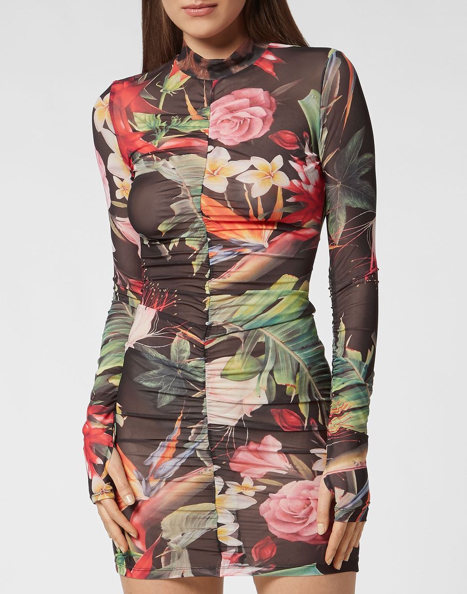 Drapiertes Langarm-Minikleid mit Blumenmuster