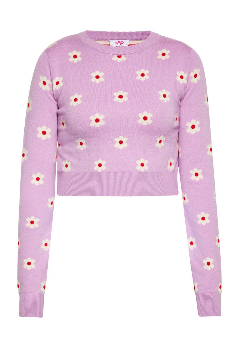 Kurzer Strickpullover mit Blumen-Jacquard