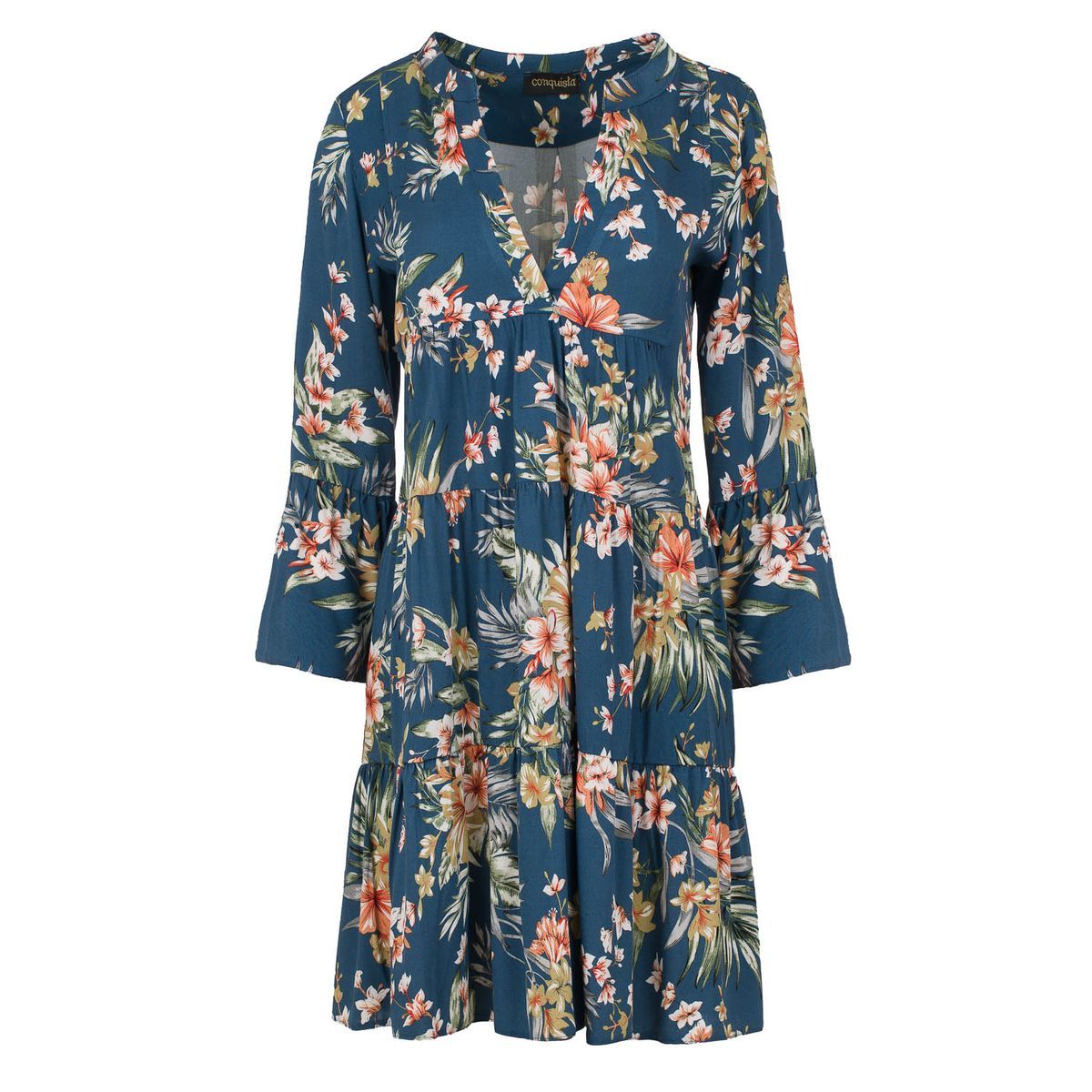 Florales Stufenkleid mit Glockenärmeln
