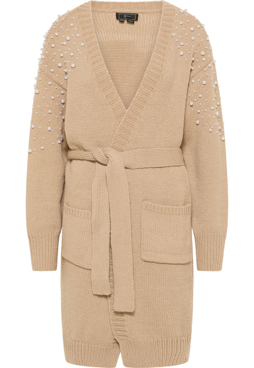 Langer Strick-Cardigan mit Perlenbesatz