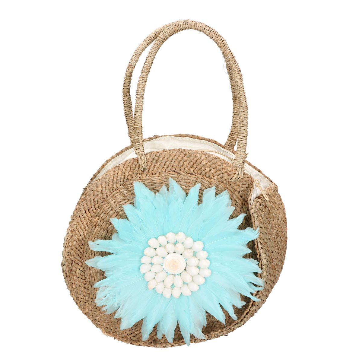 Runde geflochtene Strohtasche mit Federn
