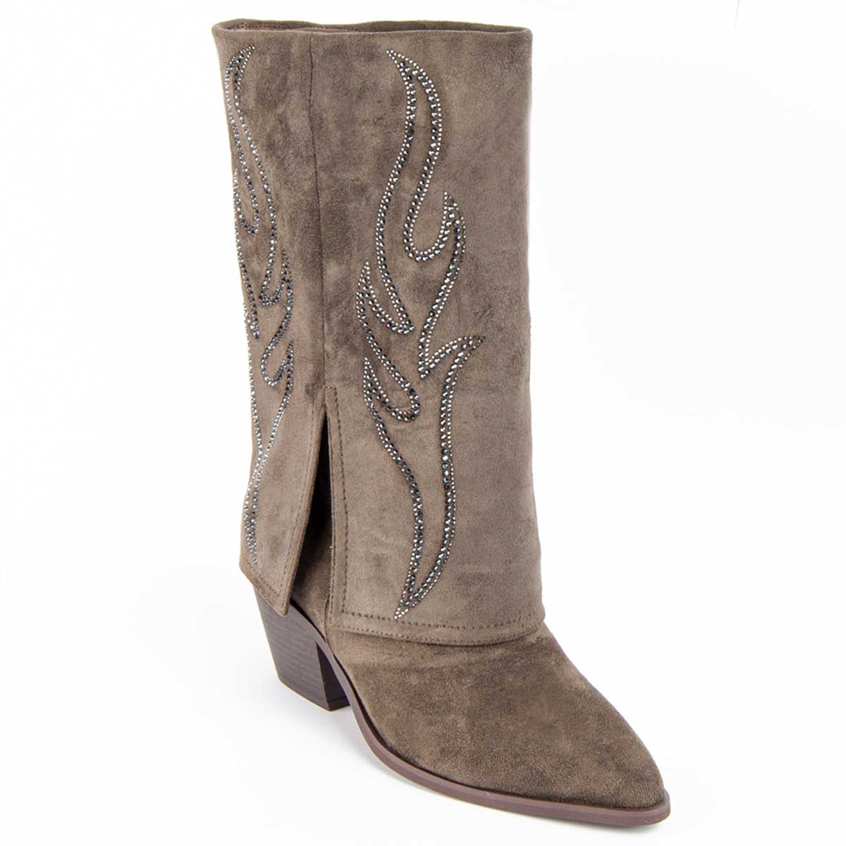 Gamaschenstiefel mit Strass-Flammen-Verzierung