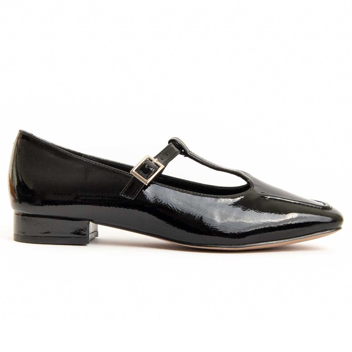 Lack-Ballerinas mit T-Riemen und Karree-Spitze