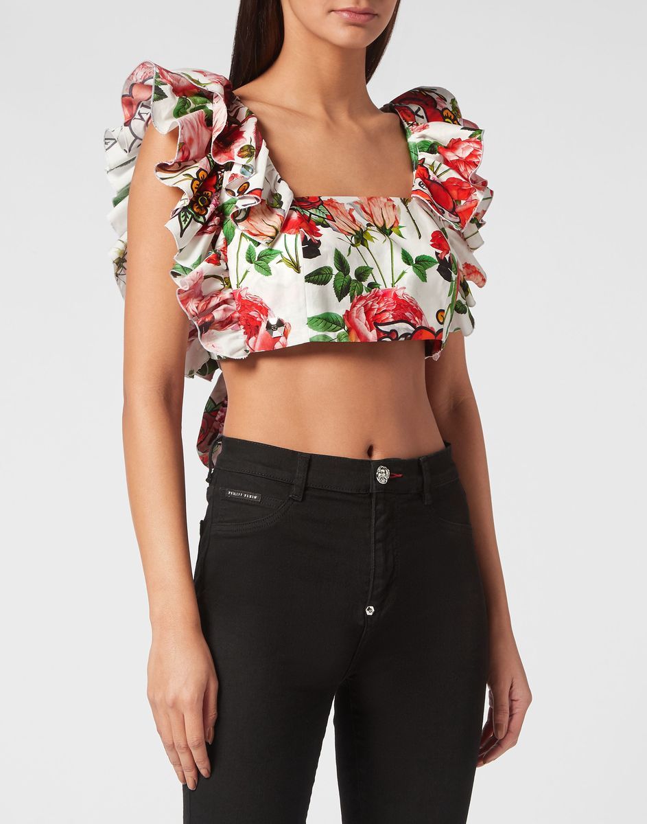 Crop-Top mit Rüschen und Love-Tattoo-Blumenmuster