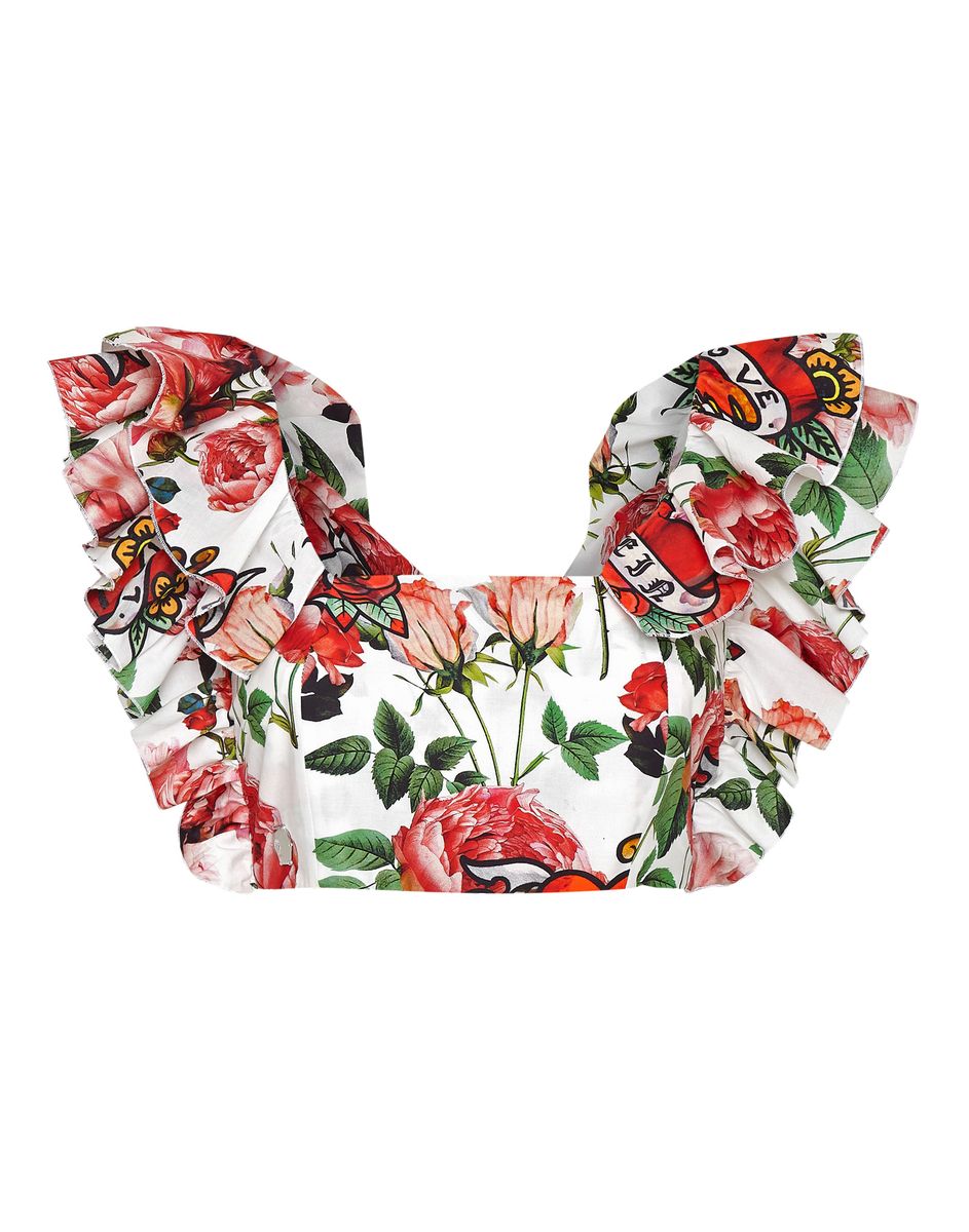 Crop-Top mit Rüschen und Love-Tattoo-Blumenmuster