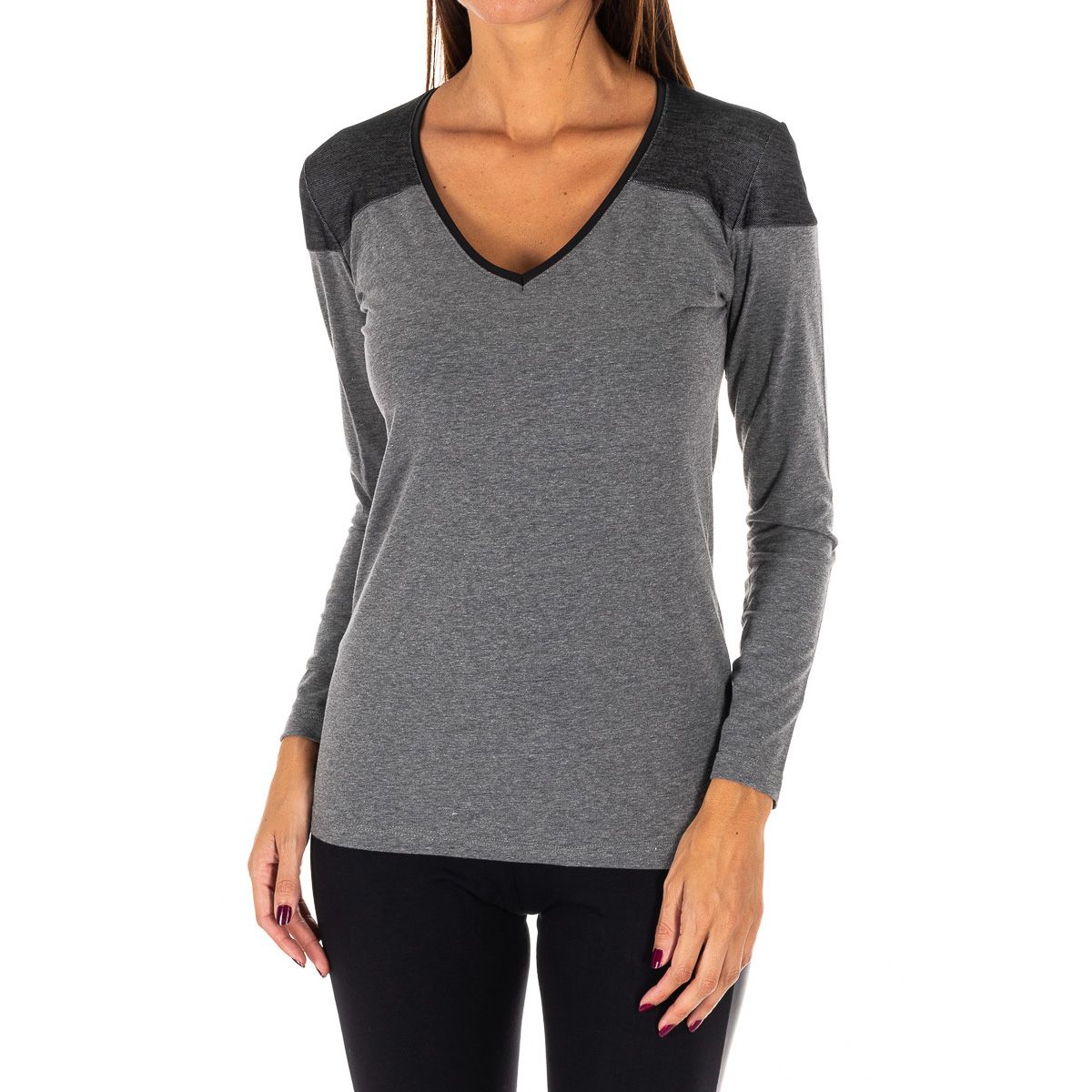 Zweifarbiges Langarmshirt mit V-Ausschnitt